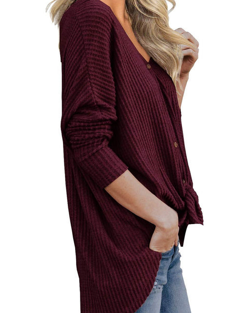 Load image into Gallery viewer, Womens Loose Blouse Long Sleeve V Neck Button down T Shirts Tie Front Knot Casual Tops Wine Red L
