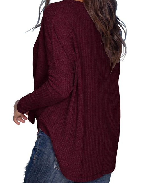 Load image into Gallery viewer, Womens Loose Blouse Long Sleeve V Neck Button down T Shirts Tie Front Knot Casual Tops Wine Red L
